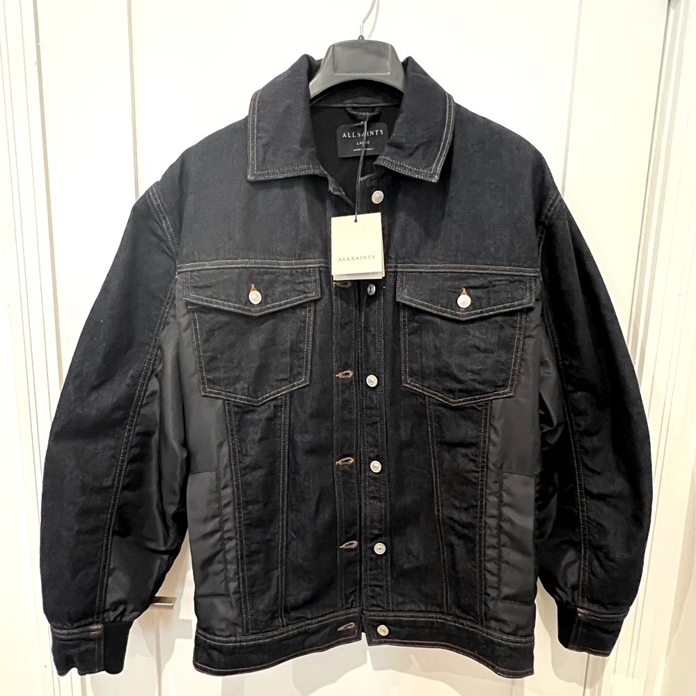 All Saints denim and nylon trucker jacket rinse denim with ruched nylon back NWT - Picture 4 of 13